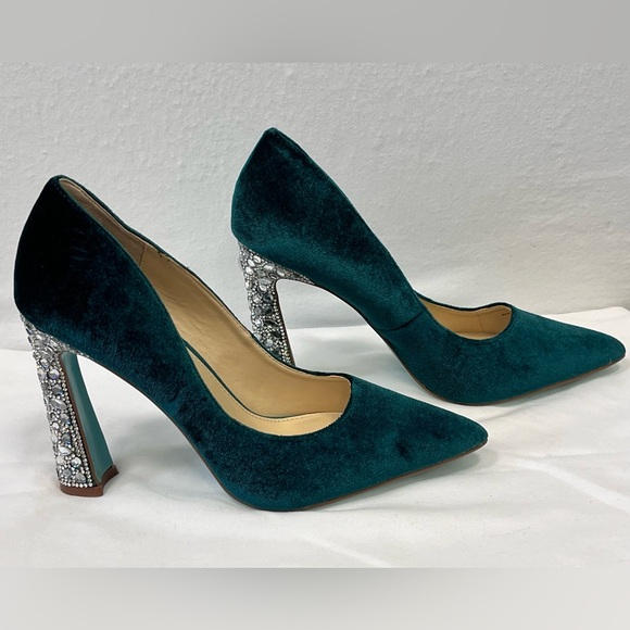 Betsey Johnson Corie Velvet Crystal Heel Pumps Emerald Green 7.5M Glam - Picture 4 of 11